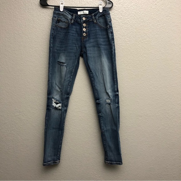 Kancan‎ Women’s 4 Button Medium Wash Distressed Skinny Jeans Size 1 / 24 - Picture 1 of 4